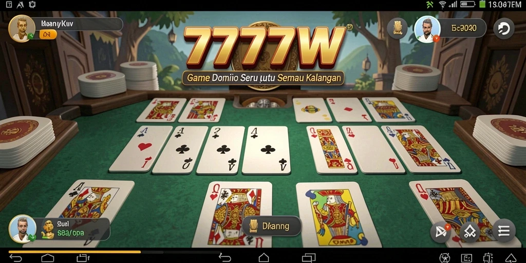 Screenshot gameplay seru 7777W yang memperlihatkan adu strategi Domino.