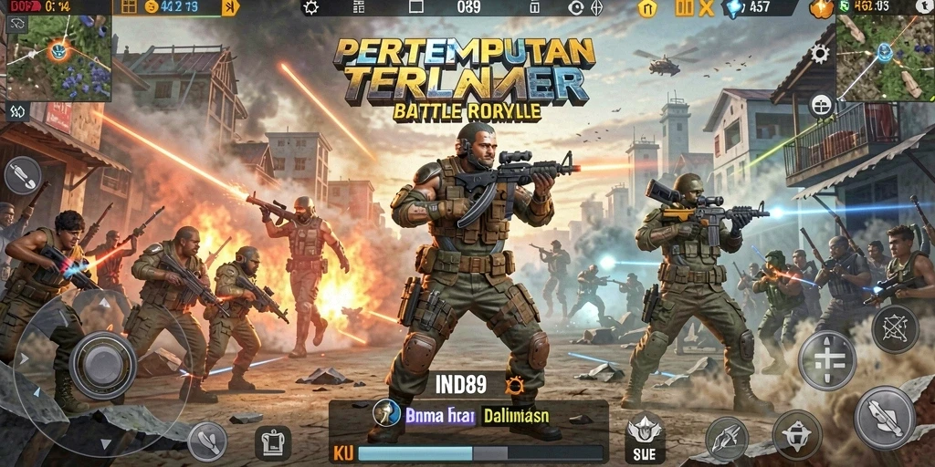 Screenshot utama IND89 menampilkan aksi intens dalam game Battle Royale.