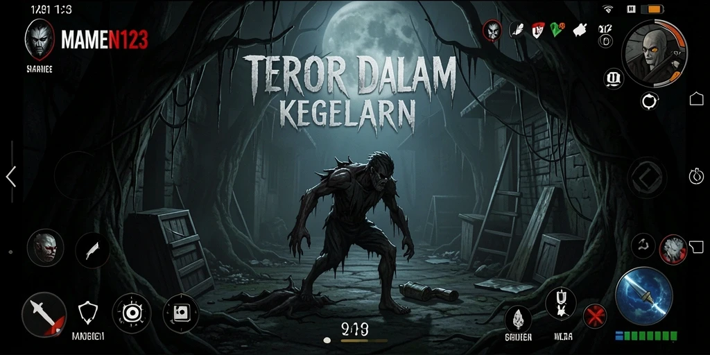 Screenshot gameplay MAMEN123 menampilkan suasana menyeramkan yang mendebarkan.