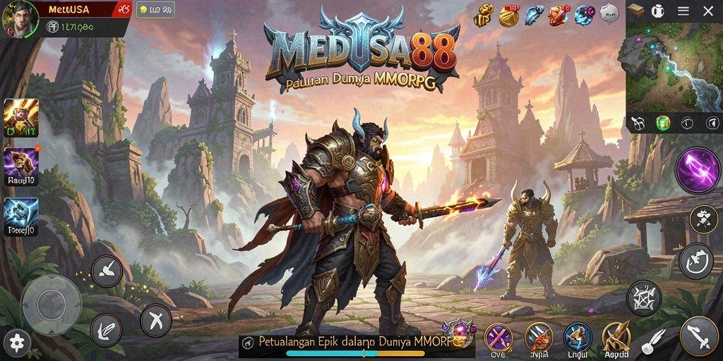 Screenshot utama MEDUSA88 menampilkan aksi seru dalam pertempuran MMORPG.
