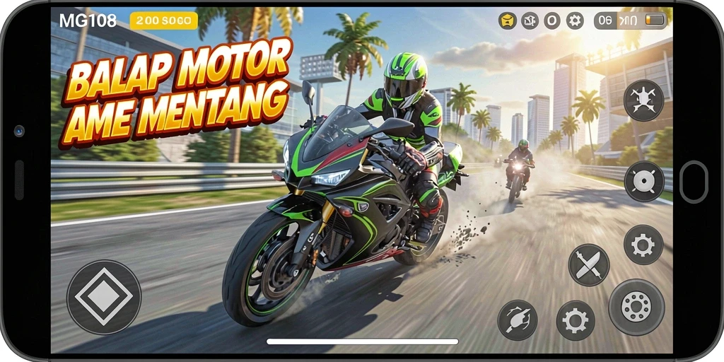 Screenshot menampilkan balapan seru dan motor kustomisasi.