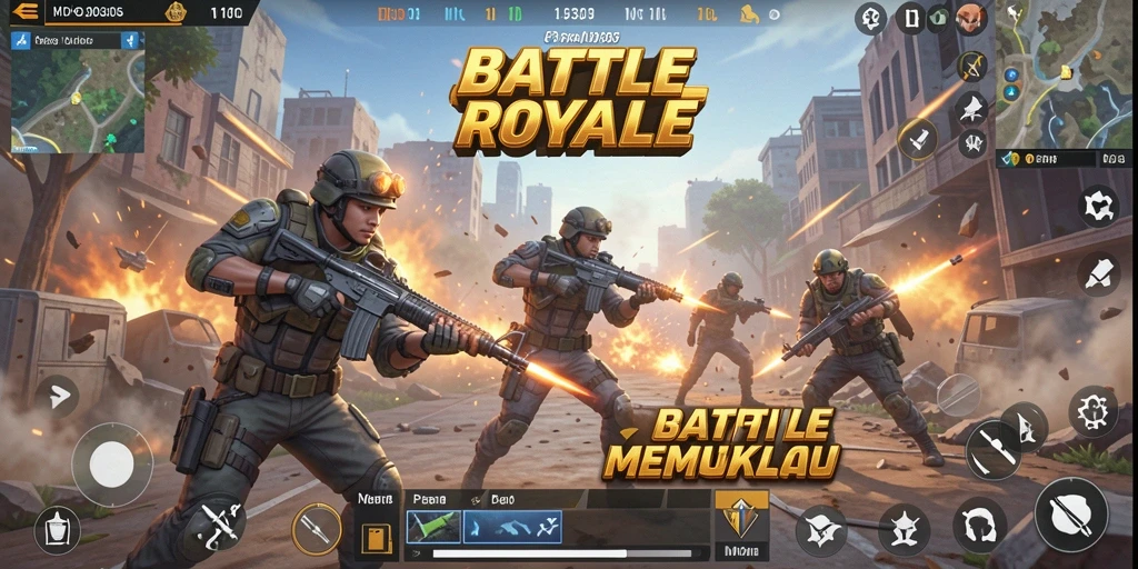Tangkapan layar utama MPO303 menampilkan pertempuran intens di medan perang Battle Royale.