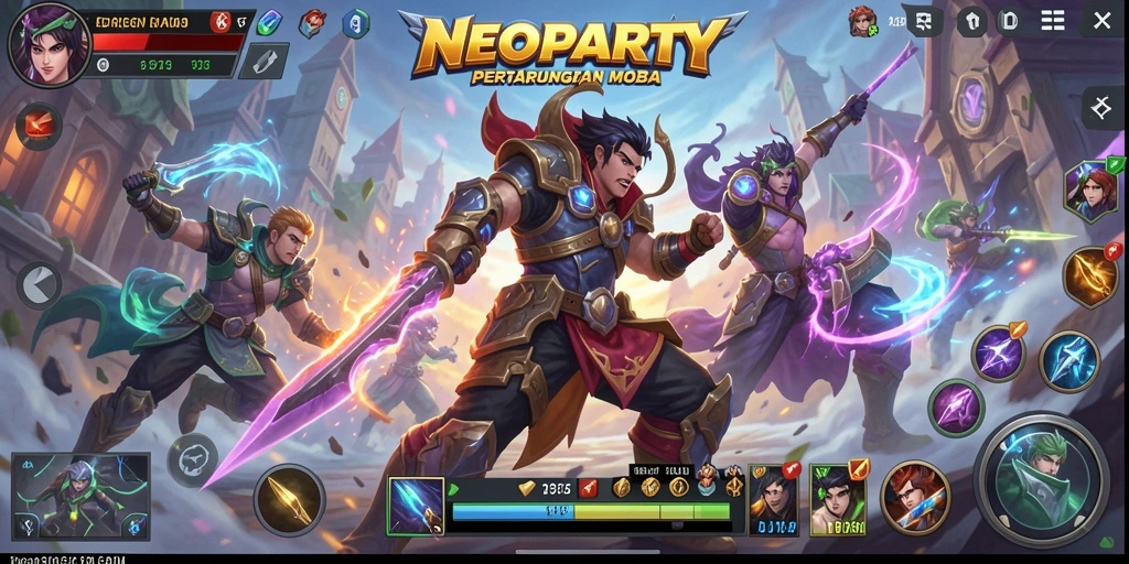 Tampilan seru gameplay NEOPARTY dengan aksi MOBA yang menegangkan.