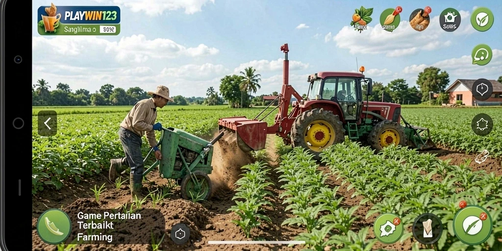 Tampilan gameplay PLAYWIN123 yang menampilkan kebun penuh hasil panen.